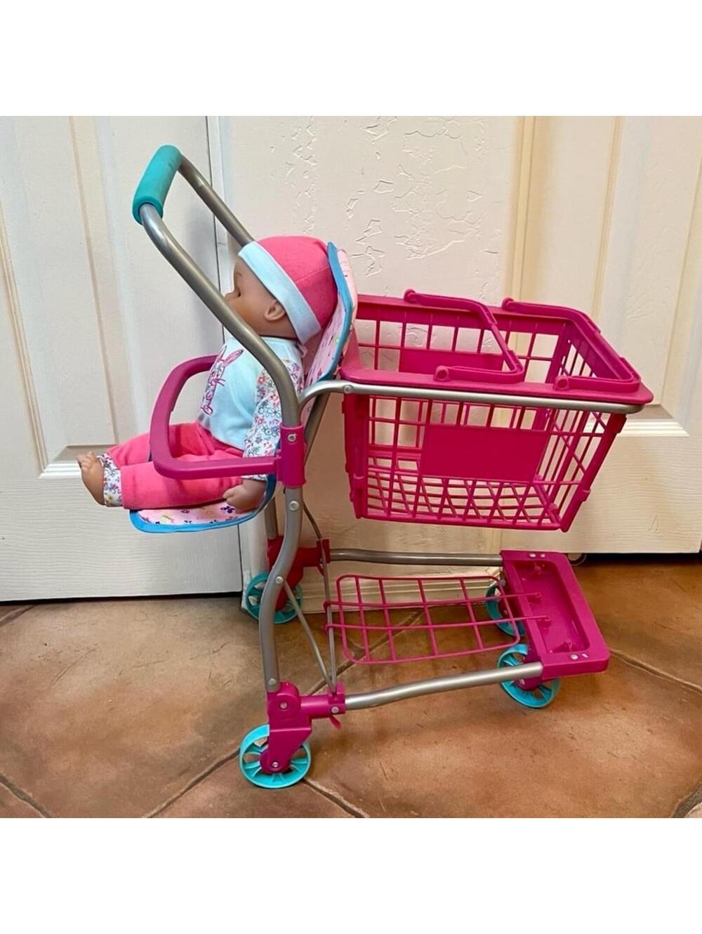 16 Inch Baby Doll & Shopping Cart Set, Pink & Blue Bunny Outfit, Trolley